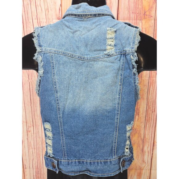 L Love Beaded-Distressed Blue Denim Vest Jacket Small - Pearl Embellished - Picture 2 of 7